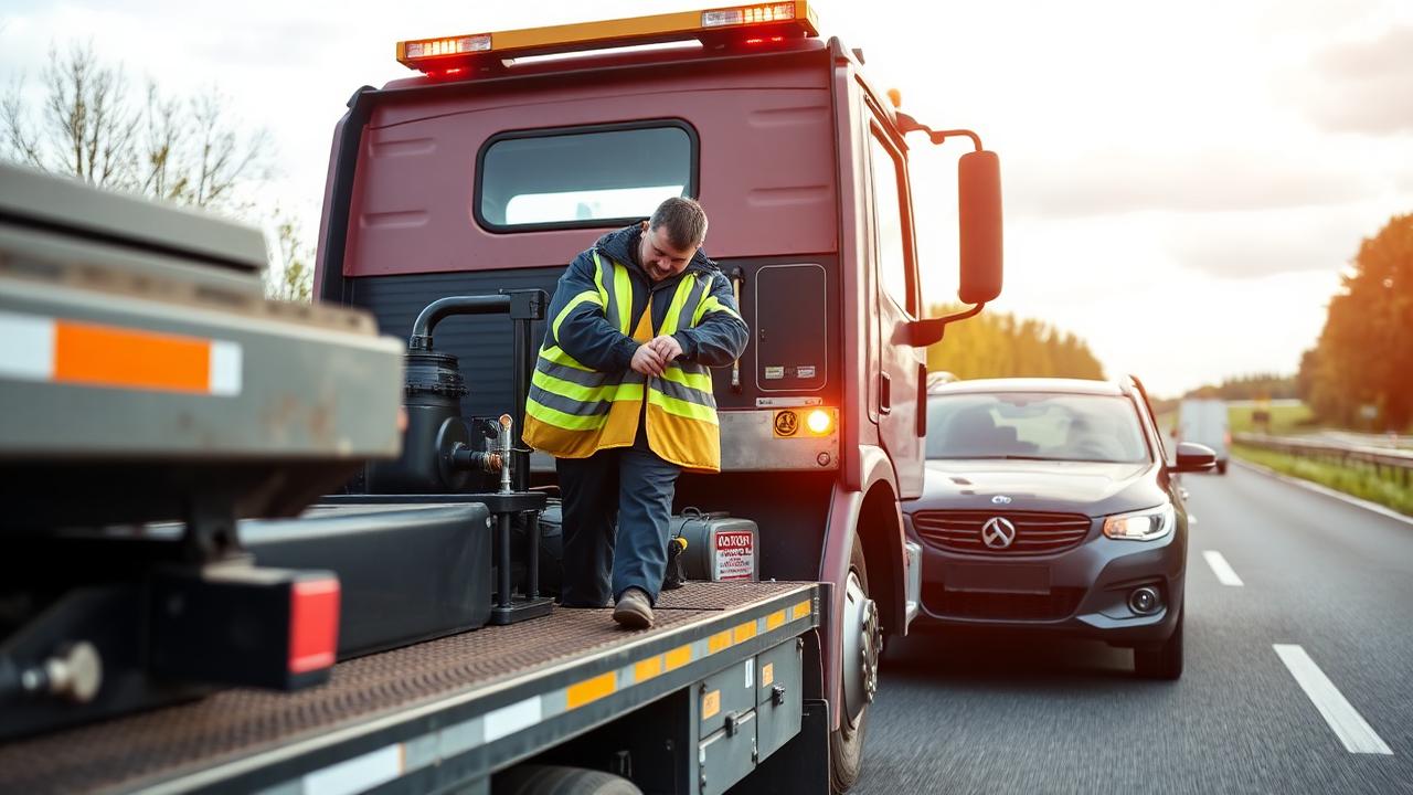 Takeldienst medewerker helpt automobilist met pech onderweg in België